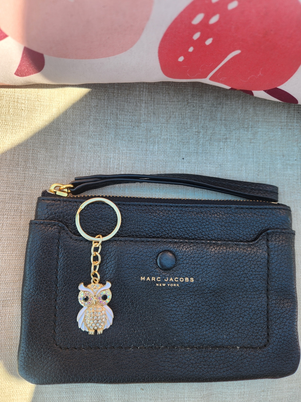 Marc Jacobs Black Leather Wristlet with Gold Owl Key Charm